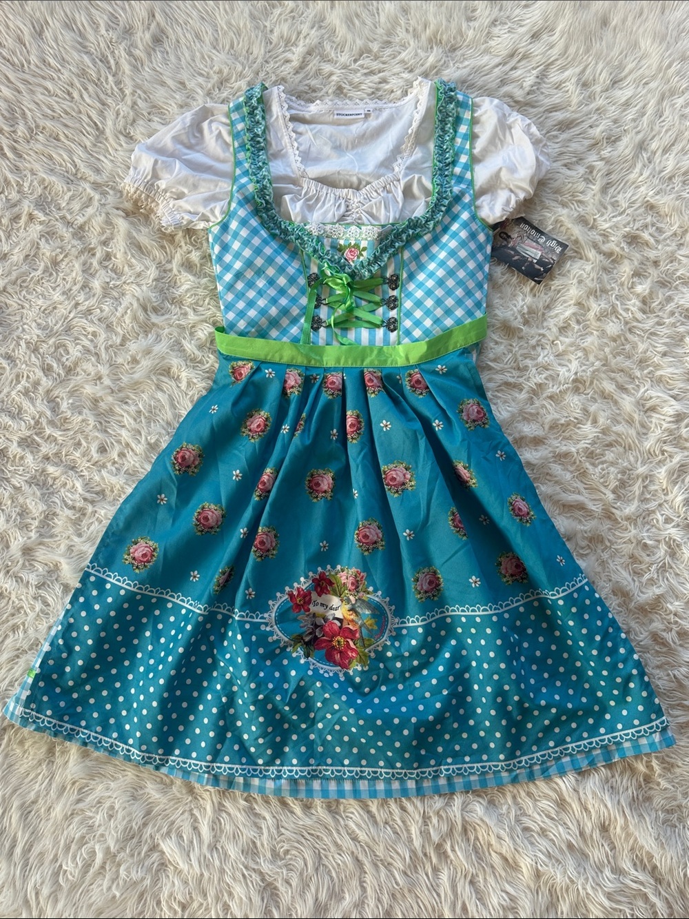 NWT Stockerpoint Dirndl dress, bodice & apron aqua read size info 36 / 38 small